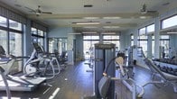 This fitness center is a thoughtfully designed, single-floor facility built to support a comprehensive workout experience. The space is finished with rich, dark hardwood flooring that runs throughout, providing both durability and a polished aesthetic. Soft blue-toned walls create a calm, focused atmosphere, complemented by large windows that line the perimeter and flood the interior with natural light while offering views of the surrounding exterior.

The layout is organized to accommodate a wide variety of exercise needs. Along one side, a row of cardio machines — including ellipticals and treadmills — is neatly arranged, ideal for endurance and aerobic training. Toward the center and opposite side of the room, a selection of strength and cable resistance machines provides options for targeted muscle training. Full-length mirrors are positioned strategically along the walls, enhancing the sense of openness while allowing users to monitor their form.

Overhead, ceiling fans are installed throughout to maintain air circulation and comfort during intense workouts, alongside recessed and strip lighting for consistent illumination. The combination of natural light, functional equipment arrangement, and clean architectural finishes makes this fitness center a practical and inviting space for daily exercise.