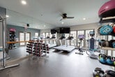 The fitness center at Calibre Lake Apartments in Smyrna, Georgia is a thoughtfully designed workout facility that provides residents with a comprehensive range of equipment in a clean, modern environment. The space features durable dark flooring throughout, smooth neutral-toned walls accented with blue-gray paint, and recessed lighting complemented by a ceiling fan that maintains air circulation during workouts.

Large multi-pane windows line the walls, flooding the interior with abundant natural light and offering views of the surrounding greenery. Full-length mirrors are mounted along one wall, visually expanding the space and aiding proper exercise form. A wall-mounted ballet barre runs alongside the mirrors, providing additional stretching and balance training options.

The cardio zone is well-stocked with multiple treadmills, stationary bikes, and an elliptical machine, each equipped with individual digital screens for an engaging workout experience. Mounted flat-screen televisions add to the entertainment options. The free weight area features a fully loaded dumbbell rack with a wide range of weights, while a functional cable machine supports strength training exercises. Additional accessories including medicine balls, stability balls, and step platforms are neatly organized along the walls. French doors provide convenient outdoor access, enhancing the facility's open, airy ambiance.