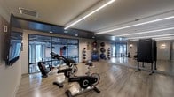 This well-appointed fitness center offers a thoughtfully designed workout environment across a single floor. The space features light hardwood-style flooring that lends a clean, contemporary aesthetic throughout. Linear LED strip lighting runs across the ceiling, providing bright, even illumination that enhances the room's open feel, complemented by recessed lighting and small pendant fixtures.

A row of LifeCycle spin bikes is prominently positioned as a central workout zone, making the space well-suited for cycling-focused training. Along one wall, a organized rack displays an assortment of medicine balls and stability balls in various sizes, including a large blue exercise ball, supporting a range of functional fitness activities. A BOSU balance trainer is also visible among the equipment.

Large floor-to-ceiling windows along one side of the room allow natural light to flow in while providing views of the surrounding exterior. Full-length mirrors line another wall, amplifying the sense of space and allowing users to monitor their form during workouts. A glass-partitioned area in the background suggests an additional training zone or studio space, adding versatility to the overall facility.