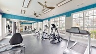 Located at 6443 Zebulon Rd in Macon, Georgia, this fitness center is a well-equipped, single-room workout facility designed to support a comprehensive exercise routine. The space is immediately distinguished by its bold teal panel accents that run along the upper walls, creating a vibrant and energizing atmosphere against the crisp white walls and ceilings.

Large, multi-pane windows line the walls on multiple sides, flooding the room with abundant natural light and offering views of the surrounding outdoor landscape. Ceiling fans are strategically positioned throughout to maintain comfortable airflow during workouts. The durable speckled gray flooring provides a practical and clean surface suited for high-traffic fitness use.

The cardio section features a well-curated selection of equipment including treadmills, elliptical trainers, and stationary bikes, all arranged to maximize the available floor space. A multi-station cable machine anchors the strength training area, complemented by a dumbbell rack, free weights, and exercise balls for functional fitness. Full-length mirrors along one wall enhance the sense of space and allow users to monitor their form.

A motivational wall decal reading "Don't Wish For It, Work For It" adds an inspiring touch to the space. The facility also includes practical amenities such as a mounted television, towel hooks, and waste disposal stations, making it a fully functional and thoughtfully outfitted fitness destination.