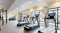 This modern fitness center is thoughtfully designed to support a full spectrum of workout routines, offering distinct zones for cardio, strength training, and functional fitness. The cardio area features a row of treadmills and ellipticals by Freemotion, each equipped with interactive touchscreen displays, positioned along expansive floor-to-ceiling windows that flood the space with natural light and offer views of the surrounding exterior. The open layout is reinforced by recessed ceiling lighting and durable rubber flooring throughout.

The strength and functional training zone is anchored by a substantial multi-station Freemotion power rack system, complete with cable attachments, battle ropes, medicine balls, plyo boxes, and kettlebells in varying weights. Full-length wall mirrors line multiple sections of the space, enhancing the sense of openness and allowing users to monitor their form during exercise. A comprehensive free weights area includes a wide selection of dumbbells organized on tiered racks alongside adjustable benches.

Selectorized strength machines round out the equipment offerings, providing options for targeted muscle training. The overall ambiance is clean, professional, and energizing, combining a contemporary aesthetic with a practical, high-performance environment suited for a wide range of fitness goals.