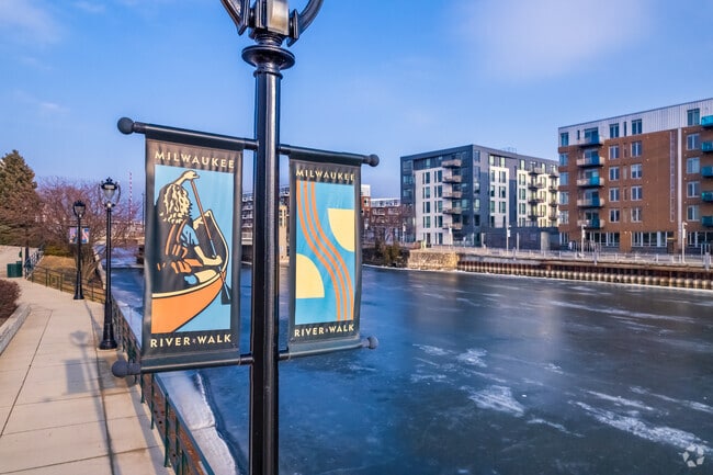 The Riverwalk runs along the Milwaukee River in the Lower East Side neighborhood.