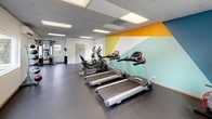 This fitness center is designed to provide a functional and visually engaging workout environment. The main exercise area is highlighted by a bold geometric accent wall featuring teal, orange, and white color blocks, adding an energetic and modern aesthetic to the space. The room is finished with durable rubber flooring throughout, suitable for high-traffic use, and a drop ceiling with recessed panel lighting that ensures the space is well-lit at all times.

The cardio zone is well-appointed, featuring multiple treadmills, an elliptical trainer, a stationary recumbent bike, and a rowing machine, offering a comprehensive range of aerobic exercise options. A separate, more enclosed area houses strength training equipment, including a weight bench and a multi-function cable machine, providing a dedicated space for resistance-based workouts.

Multiple windows along the perimeter walls allow natural light to filter in and offer views of the surrounding outdoor greenery, contributing to an open and airy atmosphere. A private entrance door provides direct outdoor access. The overall layout is clean, organized, and practical, making it a well-rounded facility for a variety of fitness routines.