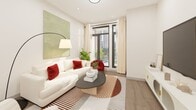 This contemporary 790 square foot apartment showcases a thoughtfully designed layout that maximizes space and functionality. The heart of the home is an open-concept living area, seamlessly integrating the kitchen, dining, and living spaces. The sleek kitchen features taupe cabinetry, stainless steel appliances, and a striking white quartz countertop island with vibrant red bar stools, adding a pop of color to the neutral palette.

Large windows flood the space with natural light and offer stunning city views, creating a sense of openness. The living room is adorned with a comfortable white sofa, accented by red pillows and complemented by modern artwork and a stylish arc floor lamp. Light wood flooring throughout adds warmth to the contemporary aesthetic.

The bedroom continues the modern theme with a plush bed, abstract artwork, and floor-to-ceiling windows showcasing urban vistas. A dedicated workspace by the window allows for a home office setup with inspiring views.

The bathroom features clean lines with white tiles, a floating vanity, and a glass-enclosed shower. A separate laundry area with stacked washer and dryer adds convenience. Throughout the apartment, recessed lighting and pendant fixtures provide ambient illumination.

This urban oasis combines form and function, offering a sophisticated living space perfect for the modern city dweller.