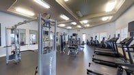 This fitness center offers a comprehensive workout environment designed to accommodate a variety of exercise routines. The space is defined by its elegant coffered ceiling with recessed lighting panels that provide bright, even illumination throughout. Crown molding detailing along the ceiling adds a refined architectural touch, elevating the aesthetic beyond a typical gym setting.

The floor plan is generously proportioned, allowing for a well-organized layout of equipment without a sense of crowding. Along one side, a row of Cybex treadmills and cardio machines are positioned near large windows, allowing natural light to fill the space and providing a pleasant view during workouts. The strength training area features multiple cable and resistance machines, including a prominent Magnum multi-station unit, along with a variety of selectorized weight machines suited for targeting different muscle groups.

Wall-mounted mirrors along one side enhance the sense of space and allow users to monitor their form. A television is mounted on the wall, adding to the overall comfort of the environment. The durable rubberized flooring throughout ensures safety and functionality. The combination of natural light, high-end equipment, and thoughtful design makes this fitness center a well-rounded and inviting facility.