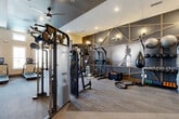 Located at 1905 Riverside Pkwy in Douglasville, Georgia, this fitness center offers a thoroughly appointed exercise room designed to support a wide variety of workout routines. The space features soaring ceilings with decorative exposed truss detailing and a bold two-tone design—warm beige upper walls contrast with deep charcoal grey lower panels, creating a dynamic and motivating atmosphere. Ceiling fans provide air circulation throughout, while recessed lighting and wall sconces ensure the space is well-lit at all times.

Natural light flows in through a row of upper clerestory windows, brightening the cardio zone, which is outfitted with multiple treadmills, an elliptical, and a stationary bike—each equipped with individual display screens. The strength training area is anchored by a TAG functional trainer cable machine and a dedicated free weight section featuring a full rack of dumbbells, a weight bench, and a barbell rack. Additional equipment includes a rowing machine, battle ropes, plyo boxes, kettlebells, medicine balls, stability balls, and a speed bag for boxing training.

Floor-to-ceiling mirrors along one wall expand the sense of space and aid in form monitoring, while wall-mounted flat-screen TVs offer entertainment during workouts. A large motivational mural adds a striking visual focal point. The flooring combines durable carpet tile with wood-look planks, and the room provides convenient access to adjacent facilities.