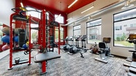 This single-level fitness center is designed to support a full range of workout routines, combining a bold aesthetic with a practical, well-organized layout. The space is immediately distinguished by its striking red accent walls and ceiling details, which contrast sharply with the neutral tones of the surrounding walls and patterned carpet flooring. Exposed ductwork runs along the upper portion of the space, adding an industrial character that complements the modern design.

Large windows line multiple walls, flooding the interior with natural light and offering views of the surrounding outdoor areas. The generous ceiling height enhances the open, airy feel of the space throughout.

Equipment is thoughtfully distributed across the fitness center. A prominent red multi-functional cable and functional training rig serves as a central feature, accompanied by heavy bags and resistance accessories. A full rack of dumbbells provides ample free-weight options, supported by an adjustable workout bench and a cable machine for targeted strength training.

The cardio section is well-appointed with treadmills, elliptical trainers, stationary bikes, and a rowing machine, all from recognized fitness brands. Stability balls and additional accessories round out the offerings. A wall of mirrors amplifies the sense of space and supports form monitoring during exercise.
