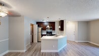 Located at 1559 Weymouth Cir in Westlake, Ohio, this single-floor, one-bedroom home offers a thoughtfully designed layout across a compact yet functional footprint. The entrance welcomes you with light hardwood-style flooring and neutral gray walls, setting a clean, modern tone throughout the main living areas.

The open-concept living area features the same light flooring, a textured ceiling, and a warm taupe accent wall, with vertical blinds providing access to natural light. This space flows directly into the well-equipped kitchen, which serves as a standout feature. Rich dark-espresso cabinetry reaches toward the ceiling, complemented by a mosaic tile backsplash, white quartz-style countertops, and a full suite of stainless steel appliances including a refrigerator, range, and microwave. A peninsula with pendant lighting adds both workspace and a casual dining option.

The bedroom is carpeted for comfort and includes a dedicated closet with built-in shelving, as well as access to a bathroom. A vertical blind-covered window allows natural light into the space. Additional utility is provided by a separate utility room. Throughout the home, textured ceilings, crisp white trim, and a cohesive neutral color palette contribute to a clean, move-in-ready aesthetic.