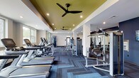 This fitness center offers a thoughtfully designed workout environment across a single floor. The space is anchored by a striking two-tone ceiling detail — a bold olive-gold tray ceiling contrasts with the surrounding white, while sleek black ceiling fans provide airflow throughout the room. Recessed lighting ensures the space is bright and well-illuminated at all times.

The cardio zone features a row of elliptical trainers and treadmills positioned along the windowed wall, allowing natural light to filter in during workouts. A mirrored wall along one side visually expands the space while allowing users to monitor their form. The strength training area is well-stocked with a multi-use cable machine, selectorized weight equipment, and additional resistance machines.

The flooring consists of patterned herringbone carpet tiles in muted blue and grey tones, lending a modern, polished aesthetic to the environment. Structural columns are cleanly integrated into the layout, and the open floor plan allows for comfortable movement between equipment zones, making this fitness center both functional and visually appealing.