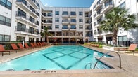 This expansive outdoor amenity space is nestled within a modern multi-story residential community, offering a well-appointed resort-style retreat for residents. At its centerpiece is a generously sized swimming pool with crystal-clear turquoise water, framed by a spacious tiled sun deck lined with rows of chaise lounge chairs, perfect for relaxation and sunbathing. Tall palm trees and lush landscaping add a tropical ambiance to the courtyard setting, which is enclosed on all sides by the surrounding building's contemporary white façade and private balconies above.

A covered outdoor pavilion serves as the social hub of the space, featuring a fully equipped outdoor kitchen complete with stainless steel grills, dark granite countertops, and ample prep surfaces. A wall-mounted flat-screen television makes the area ideal for entertaining. Pendant lighting hangs from the slatted wood-paneled ceiling, enhancing the atmosphere during evening gatherings. Adjacent to the kitchen, a bar counter with seating provides a casual spot for socializing. Comfortable lounge furniture with vibrant blue cushions is arranged nearby, creating inviting conversation areas. The combination of functional amenities and thoughtful design makes this outdoor space a comprehensive leisure destination.