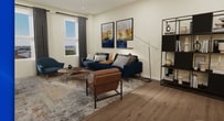 This 870-square-foot, one-bedroom, one-bathroom apartment is thoughtfully designed with a modern aesthetic and efficient single-floor layout. The open-concept living and kitchen area serves as the heart of the unit, where warm hardwood flooring flows throughout. The kitchen is outfitted with dark espresso cabinetry, white quartz countertops, a large central island, white subway tile backsplash, and stainless steel appliances including a gas range, built-in microwave, and French door refrigerator — all illuminated by stylish pendant lighting. The adjoining living room offers generous natural light through large windows with city views, complemented by recessed lighting and a flush-mount ceiling fixture. The 150-square-foot bedroom features recessed lighting, a sliding-door closet, a high transom window, and plush carpeted flooring. The full bathroom includes a soaking tub with an overhead rain showerhead, white subway tile surround with a built-in shelf, a dark wood vanity with a white countertop, and light gray tile flooring. Throughout, warm cream-toned walls create a cohesive, contemporary ambiance suitable for modern urban living.