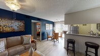 Located at 2020 Armstrong Mill Rd in Lexington, Kentucky, this thoughtfully designed single-floor residence combines contemporary finishes with bold, colorful accents to create a warm and inviting atmosphere throughout. The open-concept layout connects the living, dining, and kitchen areas seamlessly, making the space feel expansive and cohesive.

The living room is anchored by a striking navy blue accent wall, light hardwood-style flooring, and generous natural light streaming through large windows with blinds and drapes. A fireplace adds a cozy focal point, while a breakfast bar with bar stools bridges the transition to the kitchen. The kitchen is well-equipped with dark espresso cabinetry, granite countertops, stainless steel appliances including a refrigerator, range, and microwave, and a double basin sink. The dining area sits adjacent to a sliding glass door that opens to an outdoor view, allowing abundant light to pour in.

The bedroom features plush carpeting, a warm burnt-orange accent wall, and ample natural light from a window with patterned curtains. The bathroom includes granite vanity countertops, dark cabinetry, and a shower-tub combination. A textured ceiling is consistent throughout the residence, adding architectural character to each room.