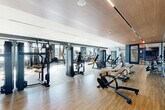 Located at 728 Broadway in Saugus, Massachusetts, this fitness center offers a thoughtfully designed workout facility spread across a single, generously sized floor. The space is divided into two distinct zones, each tailored to a specific type of training.

The strength training area features warm wood-paneled ceilings, light hardwood flooring, and deep navy textured walls that create a sleek, upscale aesthetic. This zone is outfitted with a comprehensive selection of Matrix selectorized strength machines, cable systems, and benches, providing a full range of resistance training options. Large mirrors line the walls, enhancing the sense of space and allowing users to monitor their form throughout their workouts.

The cardio zone transitions to a lighter, open feel with speckled rubber flooring designed for comfort and durability. This area is equipped with treadmills, ellipticals, stationary bikes, and recumbent bikes, all from the Matrix equipment line. Natural light pours in through large windows, while a striking decorative map mural adds a distinctive visual focal point to the room. Linear recessed lighting runs across the ceilings throughout both areas, ensuring bright, even illumination.

The facility is connected by an open entryway with glass doors, offering a seamless flow between zones. The overall design balances modern aesthetics with functional, high-quality amenities.