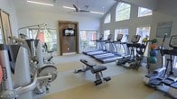 This fitness center is designed to provide a bright, welcoming environment for exercise. The space is defined by its striking vaulted ceilings, which soar to impressive heights and are accentuated by large arched windows that flood the room with natural light. Additional windows along the walls further enhance the airy atmosphere, offering views of the surrounding greenery and maintaining a strong connection to the outdoors.

The flooring consists of durable, light-toned material well-suited for a fitness environment. A ceiling fan is centrally mounted to aid in air circulation throughout the space. A wall-mounted flat-screen television is positioned near the entrance, providing entertainment during workouts.

The equipment layout is thoughtfully organized, with a row of treadmills and elliptical machines positioned along the windowed wall to maximize natural light exposure during cardio sessions. Free weights, a weight bench, and a multi-use cable machine are also available, offering a comprehensive range of strength training options. The overall ambiance is clean, open, and functional, making the space suitable for a variety of fitness routines.