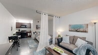 Located at 201 Simpson Rd in Kissimmee, Florida, this efficiently designed studio unit makes smart use of its single-floor layout. The open-concept main space seamlessly integrates a living area, sleeping zone, dining nook, and kitchenette into one cohesive environment. A floor-to-ceiling curtain rod divider offers a flexible and stylish way to define the sleeping area from the rest of the space, providing privacy without sacrificing the open feel of the room.

The living area features a comfortable sofa, a wooden coffee table, and a decorative wall canvas, all complemented by a large window dressed with navy curtains that allow natural light to filter in. Adjacent to the sleeping zone, a compact dining area accommodates a bistro-style table and chairs, sitting alongside a kitchenette equipped with dark cabinetry, a gas range, and a built-in microwave. A dark dresser with a mirror adds storage and function near the sleeping space.

The bathroom is clean and bright, finished in white throughout, and includes a full tub-shower combination with chrome fixtures and a decorative shower curtain. Textured ceilings and neutral grey flooring run throughout the unit, giving it a consistent and tidy aesthetic. The overall ambiance is cozy, practical, and thoughtfully arranged.