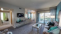 This single-floor residence is defined by a cohesive teal and gray color scheme that flows consistently throughout every room, creating a visually unified and modern ambiance. The living room serves as the heart of the space, featuring plush carpeting, a bold teal accent wall adorned with framed artwork, built-in display shelving, and a ceiling fan. Sliding glass doors open directly onto a private balcony, allowing natural light to fill the room while offering views of the surrounding outdoor greenery.

The kitchen is positioned adjacent to the living area and features an open pass-through counter, light wood cabinetry, dark countertops, black appliances, and ample storage. A separate dining area is bathed in natural light from multiple windows overlooking outdoor landscaping, and includes a ceiling fan and wood-style flooring.

The bedroom is generously sized with carpeted floors, a ceiling fan, natural light from windows, and a striking teal accent wall. A dedicated workspace with a glass desk adds functional versatility to the room.

Two bathrooms serve the residence. The primary bathroom features a soaking tub and shower combination, while the secondary bathroom includes a tub-shower combo, wood-style flooring, and a vanity with ample counter space. Both bathrooms carry the teal accent motif seen throughout the home.