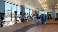 Located at 2420 Alcott Street in Denver's LoHi neighborhood, this contemporary fitness center offers a well-appointed, single-floor facility designed to support a comprehensive workout experience. The space is anchored by a generous cardio zone featuring a row of treadmills and elliptical trainers positioned directly in front of expansive floor-to-ceiling windows, flooding the room with natural light and providing open views of the surrounding Denver cityscape and outdoors. Ceiling fans and recessed lighting complement the bright, airy atmosphere throughout. The strength training area is equally well-equipped, housing a full dumbbell rack with a wide range of weights, a multi-station cable machine, adjustable benches, and additional resistance equipment — all set against large mirrors that enhance the sense of space. Patterned carpet tiles and warm wood-tone flooring define separate workout zones while adding a polished, modern aesthetic. The entry lobby transitions smoothly into the fitness area, featuring high ceilings, curated wall art, elevator access, and direct glass door entry from the exterior. The overall design balances functionality with a refined, welcoming ambiance suited for daily use.