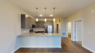 Located on Ileagnes Road in Raleigh, NC, this single-floor residence offers a well-designed open-concept layout with modern finishes throughout. The kitchen serves as the focal point of the living space, showcasing gray shaker-style cabinetry, granite countertops, and a decorative patterned tile backsplash. A large peninsula with an undermount sink and pendant lighting provides both additional prep space and a natural divide between the kitchen and the open living area. Stainless steel appliances, including a refrigerator, range, microwave, and dishwasher, complete the kitchen's contemporary look. The living area features warm wood-tone flooring that extends throughout the main space, creating a cohesive and inviting atmosphere. Natural light filters in through windows fitted with horizontal blinds, adding brightness to the interior. The bedroom offers plush carpeting underfoot and a ceiling fan, providing a comfortable and quiet retreat. The bathroom includes a full tub-shower combo with a curved curtain rod, wood-tone flooring, and clean white fixtures. Overall, the space presents a clean, modern aesthetic with quality finishes that cater to comfortable everyday living in the Raleigh area.