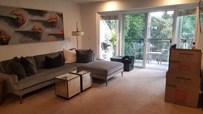 Large living room with attached deck and woodburning fireplace - 520 4th St
