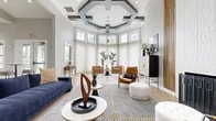 Located at 300 Bardin Greene Dr in Arlington, TX, this single-story space makes a striking architectural statement from the moment you enter. The entryway greets visitors with soaring vaulted ceilings accented by angled exposed beams and a sputnik-style chandelier, leading into a generously sized open-concept interior finished with light hardwood flooring throughout.

The living area is a true centerpiece, anchored by a dramatic octagonal coffered ceiling with bold geometric beam detailing and highlighted by a wraparound array of tall windows dressed in sheer white drapery. This design allows natural light to pour in abundantly, creating an airy, bright atmosphere. Warm natural wood columns flank the walls, adding organic contrast to the crisp white palette.

The space flows seamlessly into a secondary living zone and an open kitchen area featuring a kitchen island with bar seating, pendant lighting, and a statement patterned accent wall. A curated gallery wall adds a creative touch nearby.

Throughout, the open layout offers generous room for distinct seating and entertaining arrangements, while high clerestory windows maintain privacy without sacrificing light. The overall ambiance is modern and sophisticated, blending contemporary design elements with warm, inviting textures for a refined yet comfortable atmosphere.