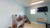 This single-floor pet grooming facility is thoughtfully designed to provide a clean, functional, and comfortable environment for pet care. The room is finished in a soothing light aqua tone, lending a calm and hygienic atmosphere throughout the space.

At the heart of the room are two stainless steel grooming tubs, each equipped with individual spray hose attachments secured to the tub walls for convenient use. A set of grooming tools, including brushes and accessories, are neatly hung nearby for easy access. A step ramp positioned alongside one of the tubs allows pets to enter and exit with ease, making the space accessible for animals of varying sizes.

Natural light filters in through a centrally placed window, brightening the room and creating an inviting environment. Overhead fluorescent lighting ensures consistent, well-distributed illumination throughout. A wall-mounted climate control unit is installed to maintain a comfortable temperature year-round, essential for the comfort of both pets and handlers.

The light-toned flooring is smooth and easy to clean, reflecting the practical design priorities of the space. A wall-mounted screen adds a modern touch to the room. Overall, this grooming station is a well-equipped, purpose-built space that balances functionality with a welcoming, stress-free ambiance for pets and their owners alike.