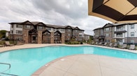 This outdoor amenity area centers around a generously sized swimming pool with clear, blue water and a smooth, light-toned concrete surround that provides ample space for lounging and movement. The pool features easy-access entry points via stainless steel handrails and is flanked by a row of modern chaise lounge chairs, offering residents plenty of room to relax in the open air. A separate hot tub is nestled nearby, bordered by stacked-stone retaining walls that add a refined, natural aesthetic to the environment. The pool deck is further enhanced by shaded seating areas with large striped umbrellas and side tables, creating comfortable retreats from the sun. Thoughtfully maintained landscaping with ornamental plantings and shrubs adds texture and color throughout the space, while wrought-iron fencing defines the perimeter with a clean, classic look. The surrounding multi-story buildings feature craftsman-inspired architecture with stone accents, dark trim, and pitched rooflines, contributing to a cohesive and attractive visual backdrop. A clubhouse or amenity building with a covered patio and outdoor seating is visible, further enriching the communal outdoor experience. The overall ambiance is welcoming, well-appointed, and designed for both active recreation and leisurely relaxation.
