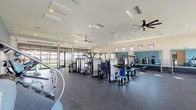 This single-level fitness center is thoughtfully designed to support a comprehensive workout experience. The space is expansive and open, with a durable rubber flooring throughout that is suited for both strength training and cardio activities. Generous floor-to-ceiling glass wall panels and large framed windows allow abundant natural light to flood the interior while offering views of a lush outdoor area featuring palm trees and a pool — creating an energizing atmosphere during workouts.

The strength training area is well-appointed with a wide array of cable and selectorized machines, a power rack, free weight benches, a dumbbell rack, and stability balls, accommodating a full range of resistance training. Large wall-mounted mirrors with blue trim accent the strength zone, enhancing the sense of space and allowing users to monitor their form. The cardio section is equipped with treadmills, elliptical trainers, rowing machines, and stationary bikes, all positioned to face the panoramic outdoor views.

Overhead, large-blade ceiling fans promote air circulation throughout the facility. The space also includes practical amenities such as dual stainless steel water fountains conveniently located near the entrance hallway. Glass garage-style doors open toward an outdoor turf area, further connecting the indoor fitness space to the exterior grounds. The overall ambiance is clean, modern, and inviting.