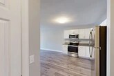 Located at 1229 Tulip St in Liverpool, NY, this well-appointed one-bedroom, one-bathroom unit offers a thoughtfully designed single-floor layout with modern finishes throughout. The open-concept kitchen flows seamlessly into the living area, creating a bright and functional shared space. The kitchen is equipped with a full suite of stainless steel appliances — including a refrigerator, range, microwave, and dishwasher — complemented by crisp white shaker-style cabinetry and granite-look countertops. Light wood-style flooring runs throughout the main living areas, adding warmth and cohesion. The living room features a door with access to the exterior, a window that invites natural light, and a baseboard heating system. The bedroom is carpeted for comfort, includes a ceiling fan with lighting, a window with exterior views, and a double-door closet for generous storage. The bathroom continues the clean, modern aesthetic with wood-style flooring and neutral tones. Three closets total are distributed throughout the unit, providing exceptional storage. Neutral gray and white walls throughout give the space a fresh, move-in-ready feel, making it an ideal home in the Liverpool, NY area.