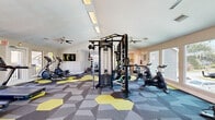 Located at 3595 Misty Oak Drive in Melbourne, Florida, this fitness center offers a comprehensive and thoughtfully designed workout facility spread across a single floor. The space is characterized by vaulted ceilings that lend an open, airy feel, complemented by multiple ceiling fans that promote comfortable air circulation throughout. Large windows line the perimeter, inviting abundant natural light and providing views of the surrounding outdoor greenery.

The interior is unified by a striking geometric-patterned carpet in shades of gray, navy, and yellow, adding a vibrant, modern aesthetic to the space. The facility is divided into distinct functional zones. The cardio area is outfitted with treadmills, elliptical trainers, rowing machines, and stationary cycling bikes. A dedicated strength and functional training zone features a Life Fitness cable and multi-function training rig, free weights, and resistance accessories. An additional area includes stability balls, a rowing machine, and stretching space, along with built-in cabinetry and a utility counter.

A wall-mounted flat-screen television and mirrored walls enhance usability and visual openness. The layout flows naturally between zones, making the facility suitable for a wide range of fitness activities. The bright, clean, and well-maintained environment reflects a strong commitment to providing a high-quality workout experience.