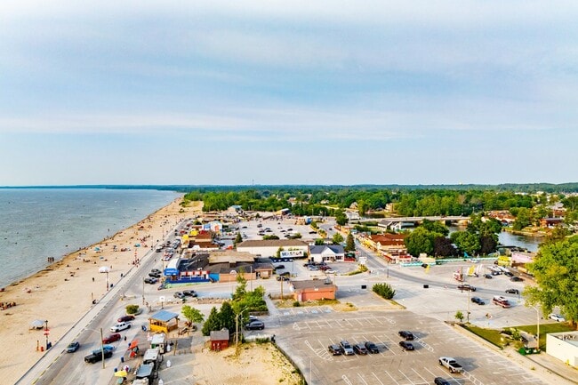 Aerial view of Wasaga Beach shoreline with shops and sandy beach.