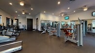 Located at 300 Blue Moon Xing in Pooler, Georgia, this single-floor fitness center is a well-equipped facility designed to support a comprehensive workout experience. The space is organized into distinct functional zones, each dedicated to a different category of exercise. The cardio area features multiple treadmills and a row of elliptical trainers by TRUE Fitness, all positioned in front of large windows that flood the space with natural light and provide views of the surrounding outdoor amenities, including a pool area. The strength-training section is outfitted with a variety of cable machines, weight benches, and resistance equipment with padded red seating, offering users a thorough range of motion and muscle group targeting. Full-length mirrors line the walls throughout, enhancing the sense of space and allowing users to monitor their form. The flooring is finished in dark rubber matting, providing both durability and safety. Recessed lighting and ceiling-mounted fixtures ensure consistent illumination throughout. Glass double doors offer a welcoming entry point and connect the interior to the outdoors. A wall-mounted television is also present for entertainment. The overall ambiance is clean, modern, and functional, making it a well-rounded amenity for fitness enthusiasts.