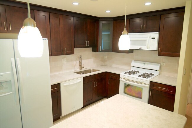 Cocina abierta con isla y lámparas colgantes. - 1250 Park Ave W