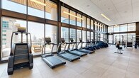 This premium fitness facility is a thoughtfully designed, single-floor space that combines high-end amenities with striking architectural elements. Floor-to-ceiling glass curtain walls span the length of the main exercise room, flooding the space with natural light and offering sweeping panoramic views of the surrounding cityscape — an energizing backdrop for any workout.

The primary exercise room is expansively proportioned, housing a comprehensive lineup of cardio equipment including a row of True treadmills and elliptical machines, as well as a robust strength training section featuring Hoist cable machines, free weights, a dumbbell rack, and functional training rigs. Large-format tile flooring and full-length wall mirrors enhance the sense of openness throughout.

A secondary exercise room is enclosed in glass-panel walls and serves as a dedicated cycling and studio space, equipped with stationary bikes and wall-to-wall mirrors. A mounted display screen and built-in storage add functionality to this versatile room.

Connecting directly to the fitness floor is a well-appointed outdoor terrace, finished with a warm wood-slat ceiling, elegant lounge chairs, and stylish seating arrangements — all overlooking the urban skyline. The entrance area provides a clean, modern transition into the facility, completing a cohesive and sophisticated fitness destination.