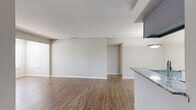 Located at 675 Jamestown Blvd in Altamonte Springs, Florida, this one-bedroom unit offers a thoughtfully designed single-level layout that maximizes functionality and comfort. Wood-look plank flooring runs throughout the home, complemented by neutral gray walls and white trim, creating a clean and cohesive aesthetic.

The kitchen is a standout feature, equipped with gray shaker-style cabinetry, granite-look countertops, a white subway tile backsplash, black appliances including a range and refrigerator, and a peninsula with a sink that opens toward the living area. A skylight-style overhead fixture provides bright, even illumination.

The open living room flows naturally from the kitchen and features a textured ceiling, multiple windows dressed with blinds, and a ceiling fan that draws natural light into the space. A hallway connects the main living area to the private bedroom wing.

The bedroom is generously sized, featuring a ceiling fan, a large window overlooking the outdoors, and wood-look flooring. It connects directly to a walk-in closet outfitted with dual shelving systems on both walls, which in turn leads to a private bathroom. A dedicated laundry area adds everyday convenience, completing this practical and well-equipped home.