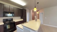This single-story residence offers a functional and cohesive design throughout. The kitchen serves as a central highlight, showcasing rich dark-espresso cabinetry paired with light speckled countertops that extend across generous workspace. Black appliances, including a range, microwave, and refrigerator, complement the cabinetry's bold tone. A peninsula with a built-in sink and pendant lighting overhead adds both utility and visual interest, while tile flooring grounds the space practically.

The open dining or living area adjacent to the kitchen features plush carpeting, track lighting, and a window that draws in natural light. Multiple bedrooms continue the neutral, warm palette with taupe-toned walls, plush carpet, individual ceiling fans, and windows fitted with blinds offering outdoor views of surrounding greenery.

Two bathrooms maintain design consistency with dark wood vanities, light countertops, tile flooring, and tub-shower combinations with white tile surrounds. The primary bathroom includes a walk-in closet accessible directly from the bath area, adding practical storage. Throughout the residence, clean white trim, neutral wall tones, and consistent finishes create a unified, move-in-ready atmosphere.