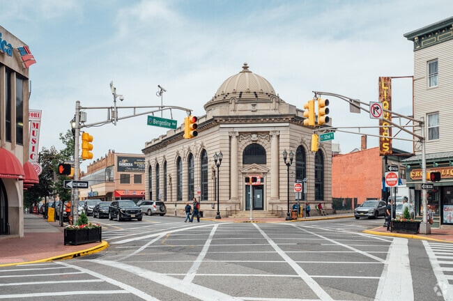 This domed bank building was built in 1900 and sits at the bustling intersection.