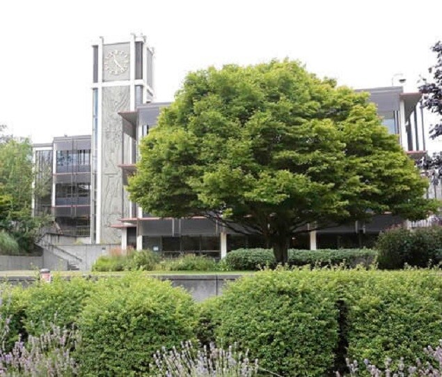 Demaray Hall features a clock tower donated by the class of 1966