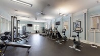 Located at 1411 Parkview Cir in Wilmington, North Carolina, this fitness center is a single-floor facility designed to support a comprehensive workout experience. The space is finished with soft blue-gray walls, white trim, and decorative columns that lend a clean, polished aesthetic throughout.

The cardio zone features a row of Matrix treadmills, elliptical trainers, upright stationary bikes, and a recumbent bike, all arranged to maximize floor space and ease of movement. Multiple mounted flat-screen televisions are positioned throughout the room for entertainment during workouts. Ceiling fans provide additional airflow and comfort.

The strength training area is well-appointed with cable machines, multi-functional weight stations, adjustable benches, and a full dumbbell rack. Large mirrors line sections of the walls, enhancing the sense of space while allowing users to monitor their form. The flooring throughout is durable rubber, well-suited for high-traffic fitness use.

Natural light flows generously into the space through multiple windows, offering views of the surrounding lush, wooded landscape. The combination of pendant and linear fluorescent lighting ensures the room remains bright at all times. A dedicated entrance door and wall-mounted storage units add to the facility's functionality, making this fitness center a thoroughly equipped and inviting space for daily exercise.