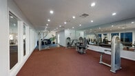 This single-floor fitness center is designed to support a well-rounded workout experience in a functional, open layout. The main exercise area is finished with durable red-toned carpet and illuminated by a grid of recessed ceiling lights, providing consistent, even brightness throughout the space. A collection of strength-training machines, including cable systems, leg press equipment, and weight benches, is arranged throughout the room, offering users a variety of resistance training options.

A full-length wall mirror runs along one side of the workout area, visually expanding the space and allowing users to monitor their form during exercise. A wall-mounted television is also present, adding a convenient entertainment option during workouts.

One of the most notable design features is the large floor-to-ceiling glass panel wall that separates the fitness area from an adjacent lounge space. This lounge area features comfortable seating, including wicker chairs and a sofa set against a bold blue accent wall, decorated with tropical potted plants that lend a relaxed, resort-like ambiance. A separate rest or cooldown nook includes a black leather loveseat and a large decorative palm plant.

Natural light filters in through windows along the perimeter, complementing the bright recessed lighting and contributing to an open, welcoming atmosphere throughout the facility.