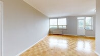 Located on the sixth floor at 110 Marlee Ave in Toronto's Marlee Village neighbourhood, this two-bedroom, one-bathroom unit offers a functional and well-laid-out living space. The interior is finished throughout with classic parquet wood flooring in a warm honey tone, giving the unit a consistent and inviting character.

The generously sized primary bedroom is a standout feature, offering ample room for a full furniture arrangement, a built-in closet with sliding doors, and a window that brings in natural light. The second bedroom is also well-proportioned, featuring its own window with views of the surrounding treetops and neighbourhood streetscape below.

The living area benefits from large windows that frame elevated views of the Toronto skyline and the green canopy of the neighbourhood, with natural light filling the room throughout the day. Crown moulding adds a refined touch to the living space.

The galley-style kitchen is practical and clean, featuring white cabinetry, granite-look countertops, a stainless steel sink, and tile flooring. A window at the end of the kitchen allows for additional light and ventilation. The bathroom includes a full tub-shower combo with white tile surround, a vanity with granite-look countertop, and tile flooring. A hallway and entrance area complete the layout, providing a clear and organized flow throughout the unit.