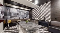 This single-floor space makes an immediate visual impact through its carefully curated, avant-garde interior design. The flooring sets a dramatic tone with large-format geometric patterned tiles in black, white, and grey, creating a dynamic optical effect underfoot. At the heart of the room, a substantial marble table with bold grey veining serves as the central gathering point, surrounded by sleek, transparent acrylic chairs that add a modern, airy contrast.

One of the most striking features is the three-dimensional sculptural accent wall, composed of layered concrete-textured panels arranged in an abstract, architectural relief pattern. Opposite, a faceted geometric tile wall in white and grey adds further depth and visual complexity. Dark wood-paneled walls anchor a built-in lounge bench accented with yellow and patterned cushions, providing a cozy seating nook alongside polished metal side tables.

A wet bar with dark countertops, stainless steel fixtures, and an under-counter refrigerator runs along one wall, making the space well-suited for entertaining. The ceiling transitions between bright white and dark-painted sections with recessed and flush-mount lighting, enhancing the room's layered atmosphere.

Curated contemporary artwork, including bold abstract pieces and vivid deep-red photographic prints, adorns the lighter walls near the entrance, adding gallery-like sophistication. Overall, the space delivers a cohesive, high-design aesthetic that balances dramatic textures with functional amenities.