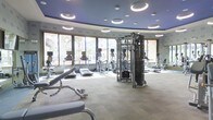 This fitness center showcases a striking curved architectural layout, creating a dynamic and open atmosphere that sets it apart from a standard gym environment. The ceiling is finished in a deep blue tone and features a series of circular recessed lighting fixtures that cast a clean, even illumination throughout the space, complementing the natural light that pours in through a continuous band of large floor-to-ceiling windows along the perimeter. These windows offer views of palm trees and the surrounding exterior, enhancing the bright and energizing ambiance of the facility. The flooring consists of neutral, durable carpet tiles well-suited for a high-traffic fitness environment. The equipment selection is comprehensive and modern, including multiple treadmills, elliptical cross-trainers, and a multi-station cable and strength training machine, as well as free weight benches — catering to a wide range of fitness routines. Mirrors are strategically positioned to maximize the sense of space and allow users to monitor their form during workouts. The overall design balances functionality with a polished, upscale aesthetic, making this fitness center a premium amenity suited for residents or guests seeking a well-appointed space for their exercise needs.