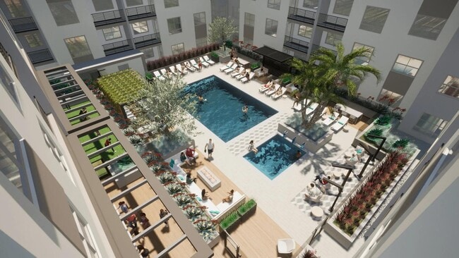Un patio dinámico con piscina de estilo resort, asientos escalonados y espacios acogedores para relajarse o socializar. - Modera Melrose