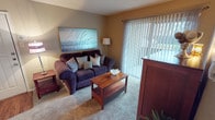 This single-floor residence offers a well-organized layout with distinct living spaces connected by a central hallway. The living room serves as a welcoming focal point, featuring warm neutral walls, carpet flooring, and a sliding glass door fitted with vertical blinds that opens to an outdoor patio, allowing natural light to filter through. A wood-toned coffee table and side table complement the cozy seating area.

The kitchen is efficiently designed with wood-faced cabinetry, black appliances, and hardwood-style flooring. A pass-through breakfast bar with seating for two barstools connects the kitchen to the adjacent hallway area, which also features a built-in desk nook, recessed lighting, and a framed mirror, adding both function and visual depth.

The bedroom is generously proportioned, featuring mirrored sliding closet doors that reflect light and enhance the sense of space. It connects directly to a private ensuite bathroom equipped with a vanity, sink, and a shower with a decorative curtain. Textured ceilings are consistent throughout, and carpeting in the bedroom adds warmth and comfort to the overall ambiance.