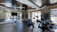 This single-floor fitness studio on 9th Street in Durham, NC, offers a well-appointed workout environment designed to support a variety of exercise routines. The space features a striking tray ceiling finished in dark tones, accented by sleek linear pendant lighting that creates a modern, energized atmosphere. Large windows along one wall allow natural light to fill the room while providing views of the surrounding streetscape, contributing to an open and inviting feel. The flooring consists of dark hardwood-style material, providing both durability and a polished aesthetic. A row of LifeCycle spinning bikes is positioned toward the center and front of the space, making cycling a primary focus. A dedicated stretching and mat area occupies one section, complemented by a full-length mirrored wall that enhances the sense of space and supports form-checking during workouts. Exercise balls in multiple sizes, balance equipment, and resistance accessories are distributed throughout, offering versatility for strength and flexibility training. A large mounted flat-screen television is positioned near the mirrored wall, suitable for guided classes or entertainment. Decorative patterned valances above the windows add a subtle design accent, balancing the overall contemporary and functional character of the studio.