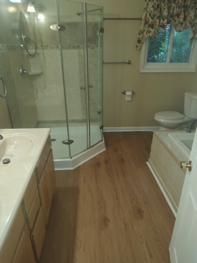 Baño principal con lavabos dobles y ducha grande. - 6208 Ivymount Rd