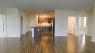 This single-floor residence offers a thoughtfully designed open-concept layout that seamlessly connects the main living areas. The kitchen is a standout feature, showcasing rich dark wood cabinetry that extends to the ceiling, complemented by light countertops and a full suite of black stainless steel appliances, including a refrigerator and range. A peninsula-style island with a dark countertop provides additional prep space and serves as a natural divider between the kitchen and the expansive main living area. Track lighting overhead ensures the kitchen is well-illuminated, adding both function and style. Warm, dark hardwood-style flooring flows continuously throughout the space, grounding the interior with a cohesive and inviting aesthetic. The open living area is generously proportioned, offering flexible arrangement possibilities. Multiple doorways lead to additional rooms, suggesting a practical and well-connected floor plan. Neutral wall tones in soft white and warm beige keep the space feeling bright and airy, providing a versatile backdrop for a variety of interior styles. Overall, the space balances modern finishes with a warm, livable atmosphere.