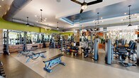 Located at 1000 Antietam Creek Dr in Fayetteville, NC, this impressively scaled fitness center spans a single floor and offers a comprehensive, amenity-rich environment for health and wellness. The space is defined by vibrant lime-green and orange accent walls, exposed industrial ductwork, and stone veneer columns that lend a modern yet inviting character throughout.

The main strength training floor is generously proportioned, housing a full array of selectorized weight machines, cable systems, free-weight benches, and a well-stocked dumbbell rack. Floor-to-ceiling mirrors line the walls, amplifying the sense of space, while pendant and track lighting illuminate every corner. A dedicated cardio zone features rows of treadmills, ellipticals, stair climbers, and cycling bikes, all bathed in natural light from expansive floor-to-ceiling windows that frame views of an outdoor pool and lush greenery.

A separate functional training studio, enclosed by sleek glass partition walls with hardwood-style flooring, is equipped with TRX suspension trainers, stability balls, and medicine ball racks — ideal for group or individual training sessions. The welcoming entry lobby showcases a dramatic stacked-stone accent wall, a floating staircase with modern steel railings, and a comfortable sectional seating area, creating a polished transition into the facility.