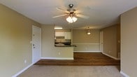 This single-floor space offers an open-concept layout that seamlessly connects the living area and kitchen, creating a cohesive and functional environment. The living area features plush carpeting and warm beige walls, contributing to an inviting atmosphere. A ceiling fan with an integrated light fixture is centrally positioned, providing both airflow and ambient lighting.

The kitchen is accessible via a raised peninsula counter with a dark countertop, which serves as a natural divider between the two spaces. White cabinetry lines the kitchen walls, offering ample storage, while under-cabinet lighting adds a practical touch. The kitchen transitions to dark hardwood-style flooring, visually distinguishing it from the carpeted living area.

A pendant light fixture is mounted near the kitchen area, adding a decorative element to the space. Two white-paneled doors are visible — one leading to the exterior and another to an interior room — both framed by clean white trim that contrasts with the neutral wall color. White baseboards run throughout, providing a finished, polished look. The overall design is straightforward and functional, with consistent neutral tones tying the space together.