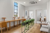This single-floor business center offers a thoughtfully designed workspace that balances productivity and comfort. The open layout is anchored by a long, continuous wooden workbench running along the windowed wall, outfitted with individual task lamps and seating — ideal for focused, individual work. Tall, grid-paned windows flood the space with natural light and frame outdoor views, enhancing the bright, airy atmosphere created by crisp white walls and light hardwood flooring throughout.

A central planter box running the length of the room introduces lush, trailing greenery, visually dividing the workspace from a lounge zone. The lounge area features upholstered benches and mustard-toned accent chairs arranged alongside small side tables, providing comfortable informal seating. Colorful abstract artwork adorns the walls, adding personality to the otherwise minimalist interior.

Two private rooms with glass-paneled doors open off the main space, each furnished with a desk, chair, and seating — suitable for meetings or focused private work. One room features a direct exterior door with outdoor views. Ceiling-mounted HVAC units ensure climate control throughout, completing a well-appointed, functional environment designed for professional use.